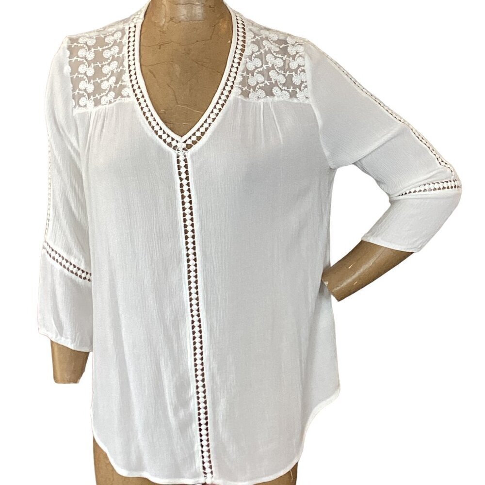 John Paul Richard Raelinn Crochet Detail White BOHO Top‎ Sz L #303C